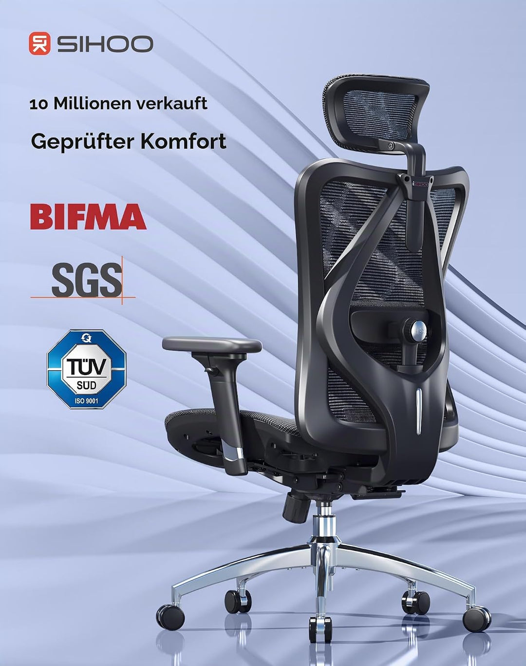 SIHOO M57 Ergonomischer Bürostuhl, Chefsessel mit 3D verstellbare Armlehne und Lendenwirbelstütze, H