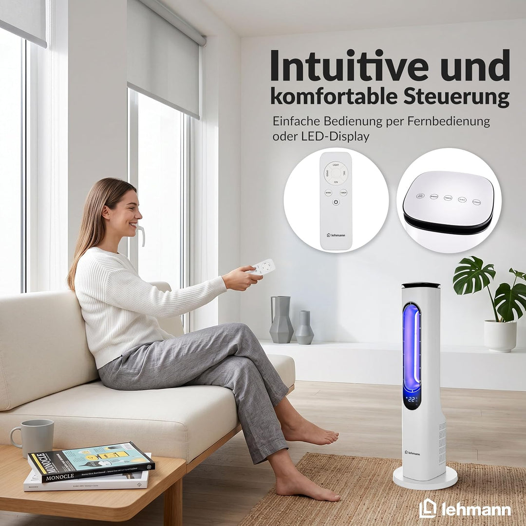LEHMANN Turmventilator mit Fernbedienung & LED-Display, leiser Ventilator mit Schlafmodus, 15 h Time