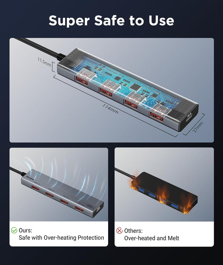 Aceele USB-C-Hub 10 Gbit/s, Powered USB 3.2 Splitter mit 100 W Stromversorgung, Aluminium-USB-C-Adap