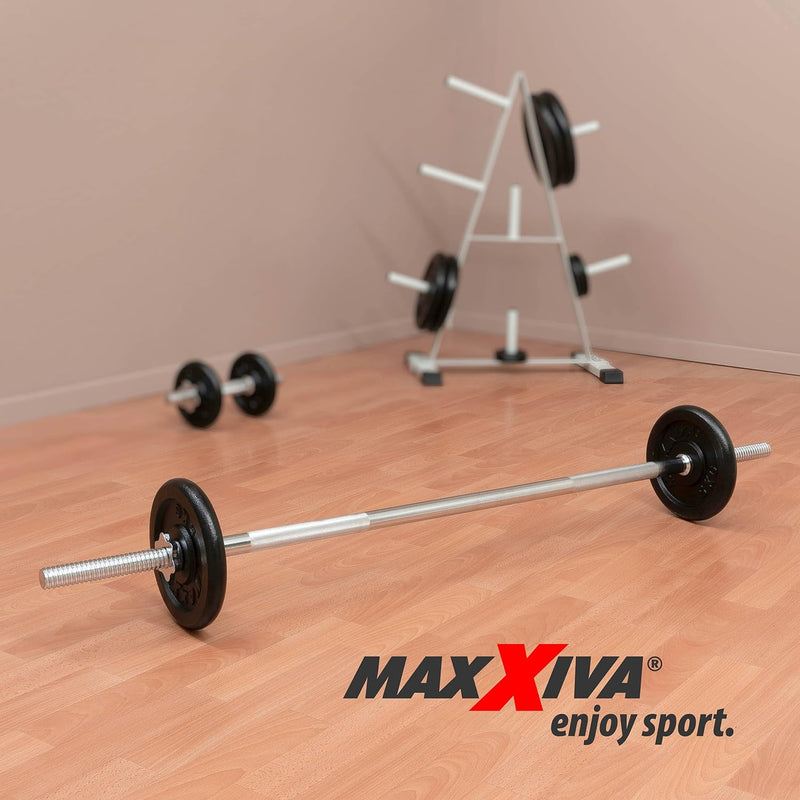 MAXXIVA Hantelstange 140 cm Langhantelstange Krafttraining Zugstange silber verchromt Sternverschlus