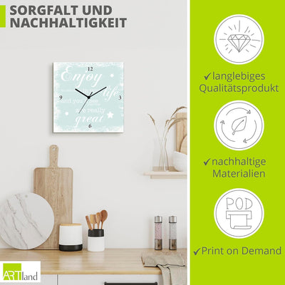 ARTLAND Wanduhr ohne Tickgeräusche Leinwanduhr Funkuhr lautlos Quadratisch 30x30 cm Design Spruch Bi