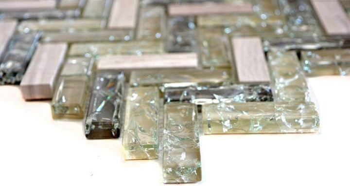 Mosaik Fliese graugrün Fischgrät Glasmosaik Crystal für WAND BAD WC KÜCHE FLIESENSPIEGEL THEKENVERKL