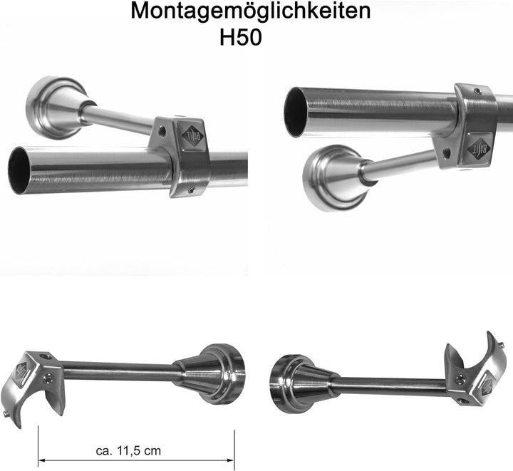 Edelstahl Look Gardinenstange 20mm Wandträger 1-läufig Kristall Spitze, Länge wählbar H50 E37 R, Län