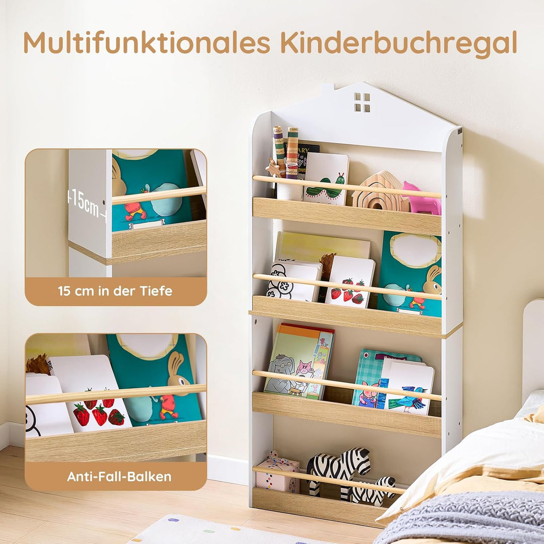 SoBuy Bücherregal Kinder, Kinderregal, Spielzeug Aufbewahrungsregal mit 4 Ablagen für Bücher und Dek