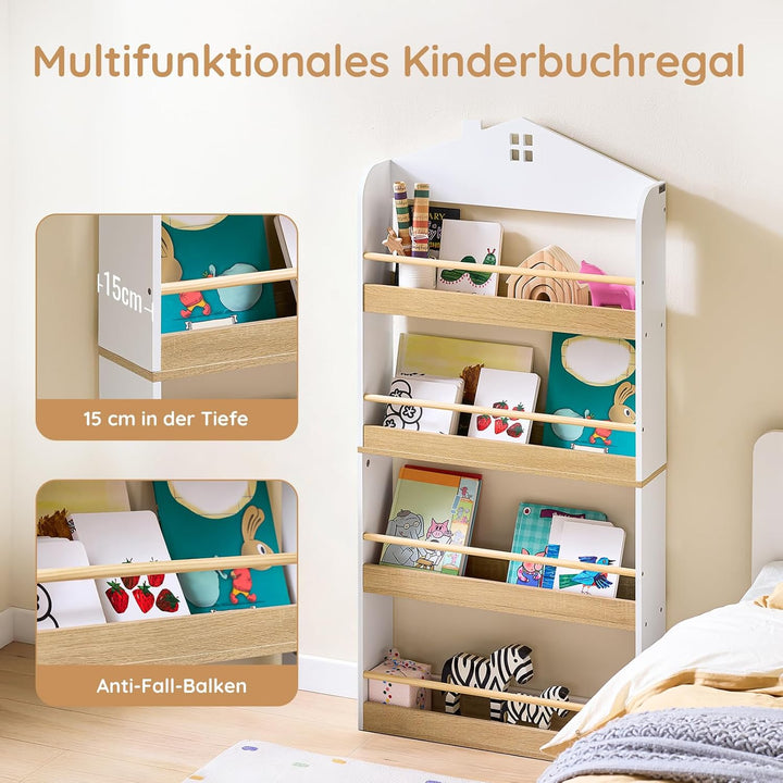SoBuy Bücherregal Kinder, Kinderregal, Spielzeug Aufbewahrungsregal mit 4 Ablagen für Bücher und Dek