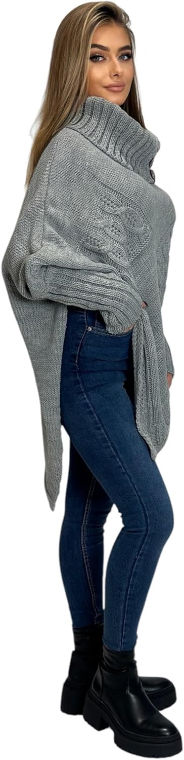 Mississhop Poncho Strick Sweatshirt Pullover Umhang Überwurf Einheitsgrösse Grau, Einheitsgrösse Gra