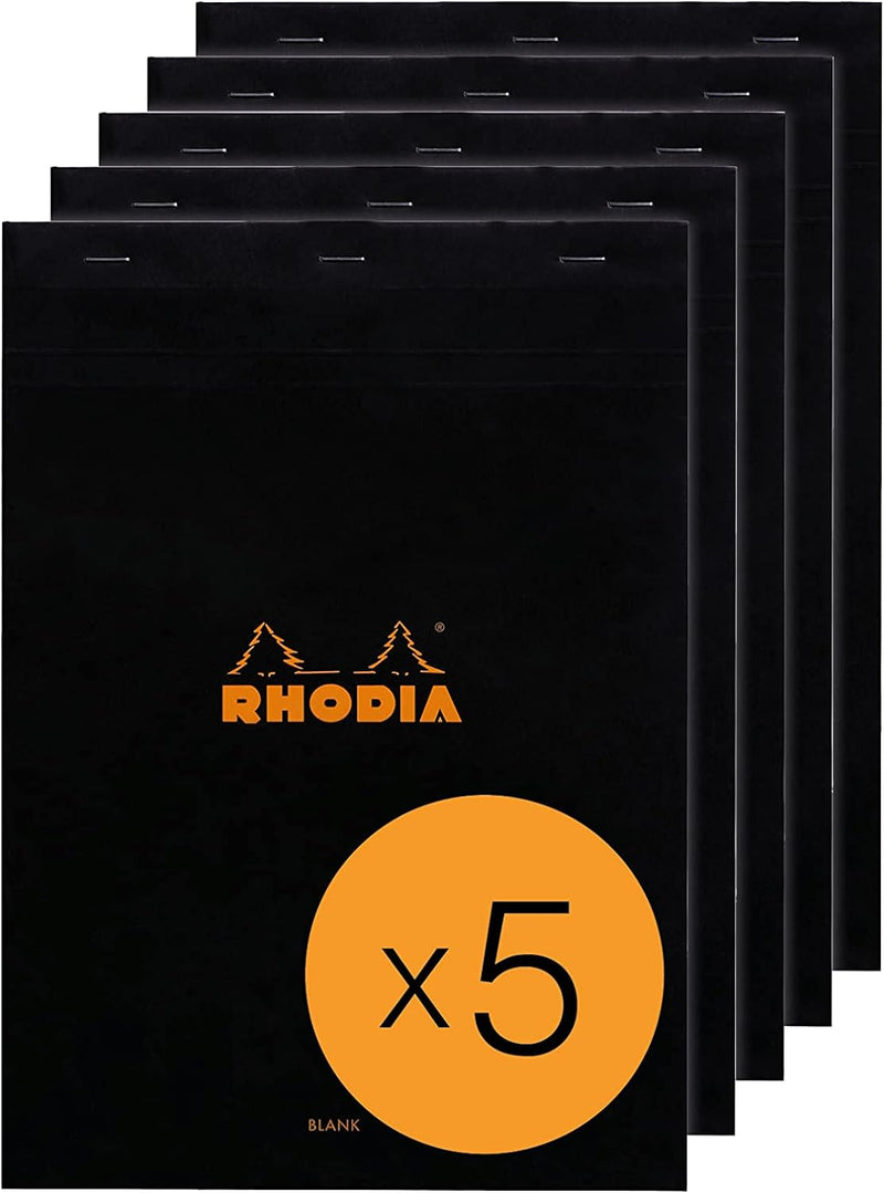 Rhodia 180009C - Packung mit 5 Notizblöcken No.18, DIN A4 80 Blätter blanko 80g, Schwarz, 1 Pack Sch