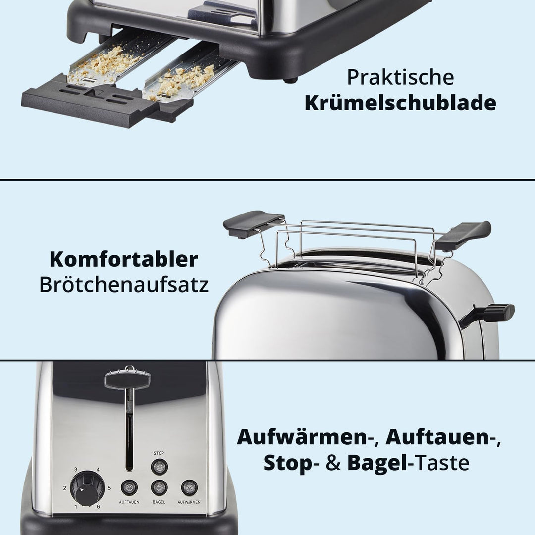 KHG Frühstücksset Wasserkocher & Toaster, Edelstahl Silber Chrom, Kapazität 1 Liter & 2 Scheiben, pr