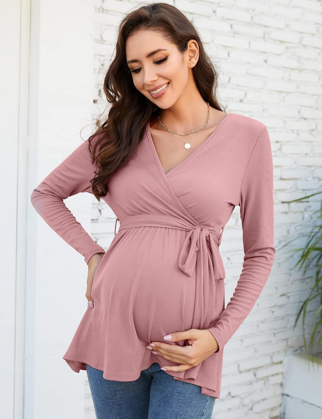 KOJOOIN Damen Stillshirt Schwangerschaftsshirt V-Ausschnitt Umstandsshirt Langarm Nursing Tops mit G
