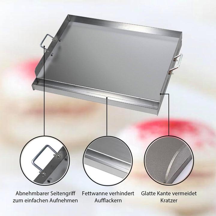 CAVATINY Edelstahl Grillplatte | 54x41x8 cm | BBQ Plancha passend für Weber Grill | rechteckig, univ