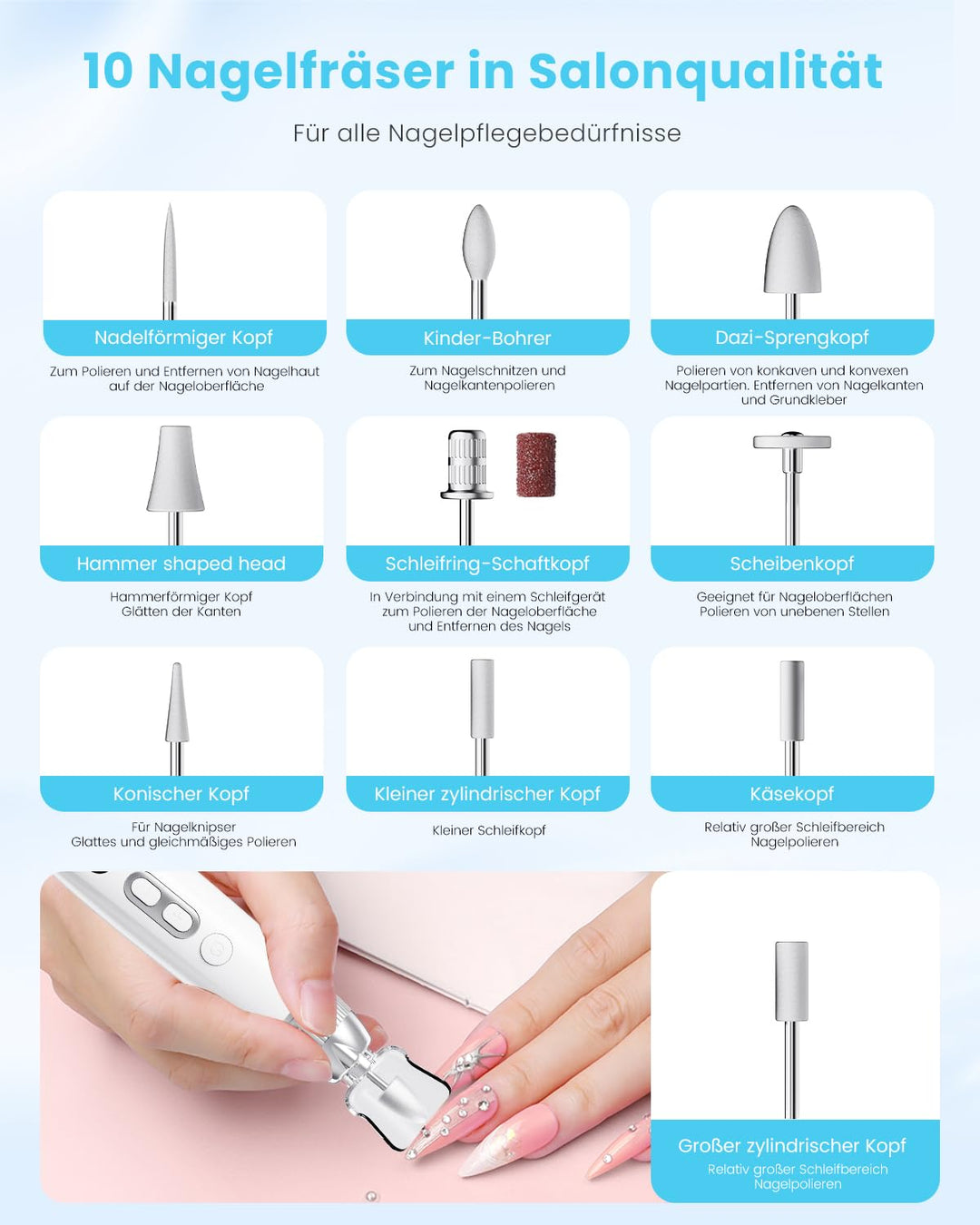 CozyZen Profi-Elektrische Nagelfräse, Akku-Nagelbohrer mit 10 Geschwindigkeiten & LED-Leuchte - Port