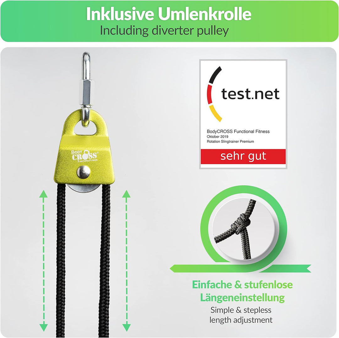 BodyCROSS Premium Schlingentrainer mit Umlenkrolle für zuhause| Türanker, Befestigung, Poster & Trai