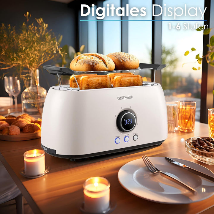 Steinborg Toaster 4 Scheiben mit Brötchenaufsatz Langschlitztoaster Toastautomat Automatische Abscha