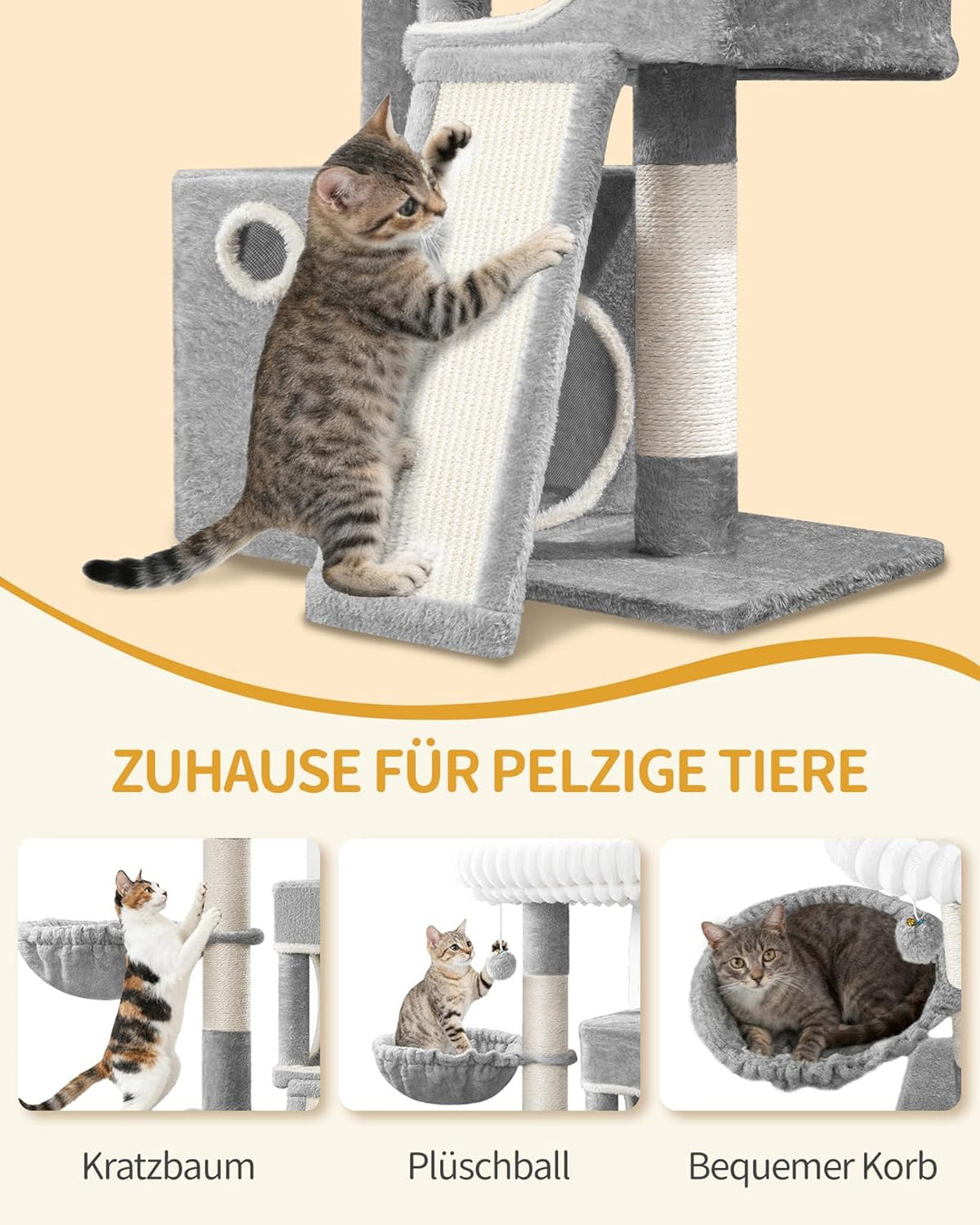 Hzuaneri Kratzbaum, 98 cm Kleiner Katzenbaum, Geräumiges und Stabile, mit Weiche Grosse Plattform, P