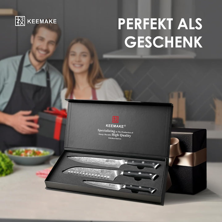 KEEMAKE Damastmesser Set 3 teilig - Küchenmesser Set aus 67 Lagen Damaststahl mit Ergonomischer G10