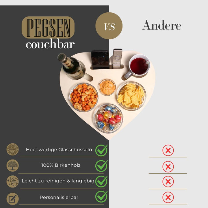 Herz Couchbar in Weiss mit 4 Glasschalen - Couch Tablett für Snacks & Getränke [stabil & sicher] Sna