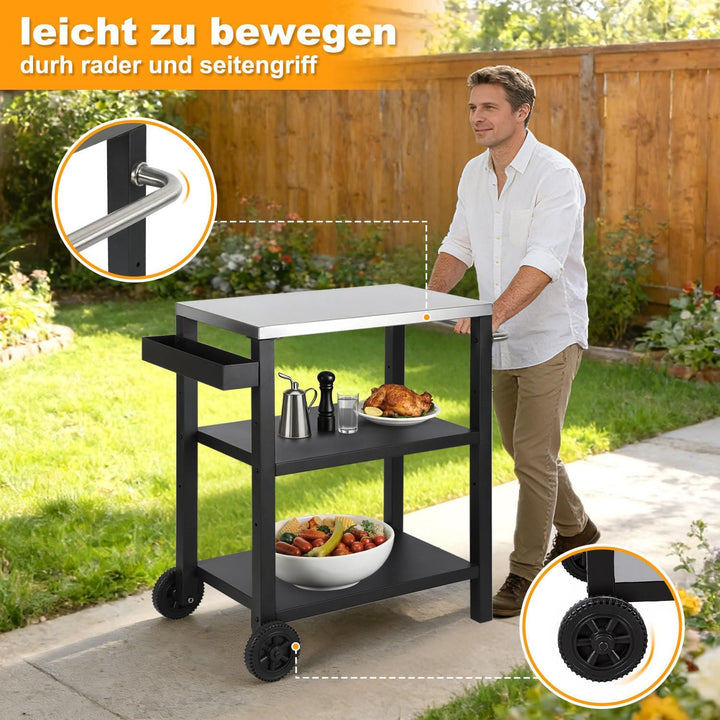 Grillwagen Höhenverstellbar Outdoor, Grilltisch mit Griff & Gewürzregal, 3 Ablagen, 6 Haken, Servier