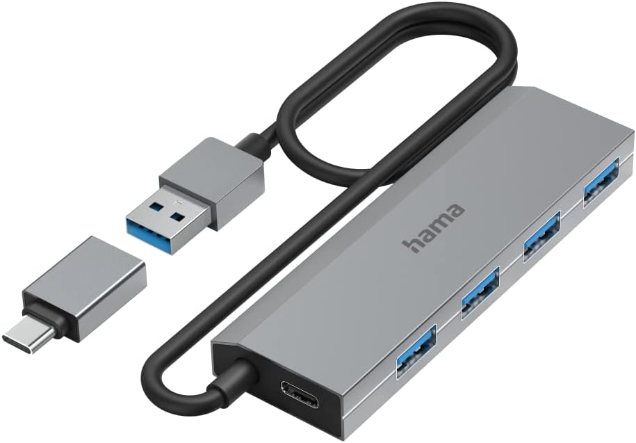 Hama USB-Hub 4 Ports (USB-A und USB-C-Anschluss, mit Netzteil, 4x USB-A für Maus, Tastatur, externe