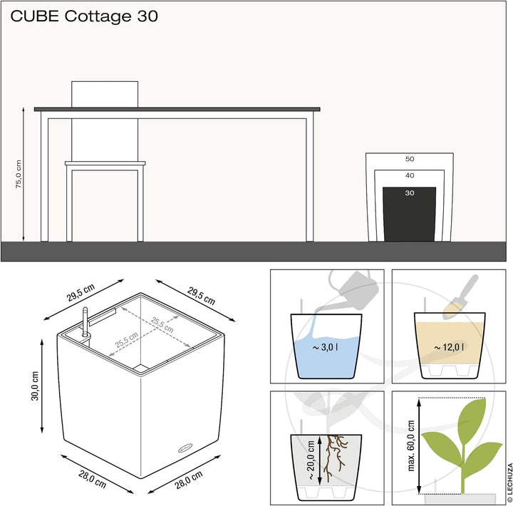 LECHUZA CUBE Cottage 30 granit 15372 Pflanzgefäss mit Erd-Bewässerungs-System 29,5x29,5x30 cm Granit