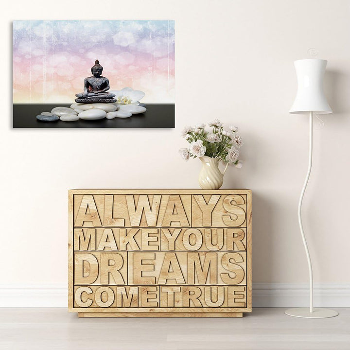 Feeby Frames, Leinwandbild, Bilder, Wand Bild, Wandbilder, Kunstdruck 50x70cm, BUDDHA, KULTUR, STEIN