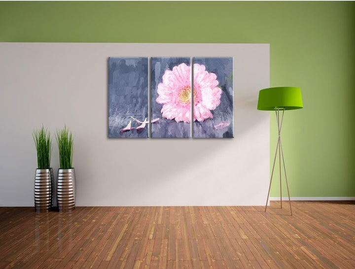 Pixxprint Gerbera auf Boden als Leinwandbild/Grösse: 3 Teilig (120x80) cm/Wandbild/Kunstdruck/fertig