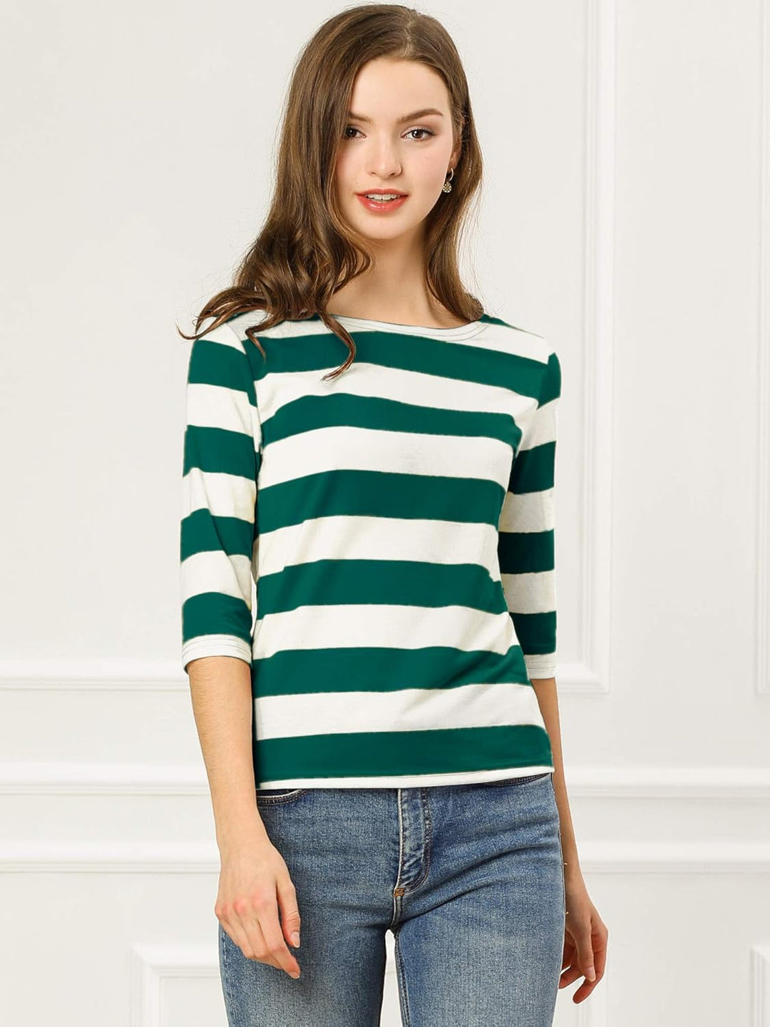 Allegra K Damen Gestreiftes Shirt U Boot Ausschnitt Halbarm Party Ferien Streifen Top Bluse S Grün W