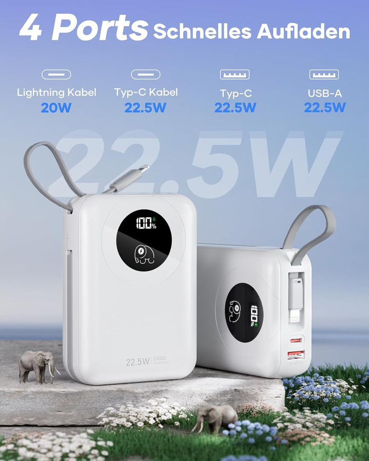20000mAh Power Bank mit integriertem Kabel: 22.5W Schnell Aufladende Externe Batterie für Handy, USB