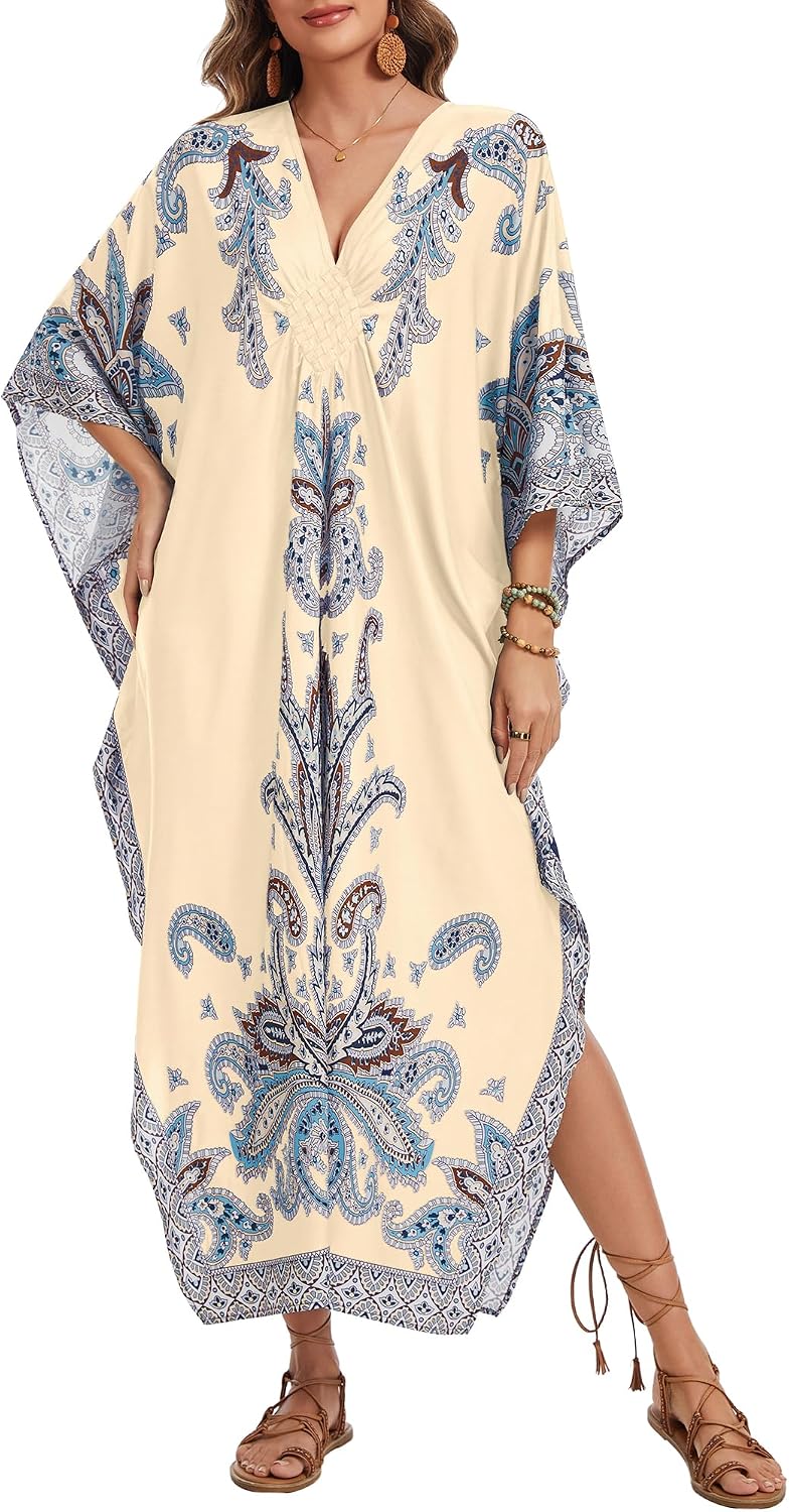 Bsubseach Frauen Plus Grösse Kaftan Kleid Badeanzug Druck Kaftan Strand Cover Up Kleid Aprikose-1, A