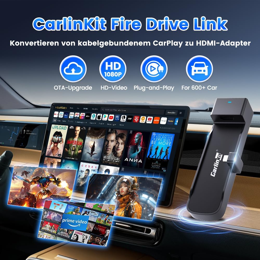 Carlinkit Fire DriveLink HDMI Adapter - konvertiert kabelgebundenes CarPlay für Fire TV Stick Stream