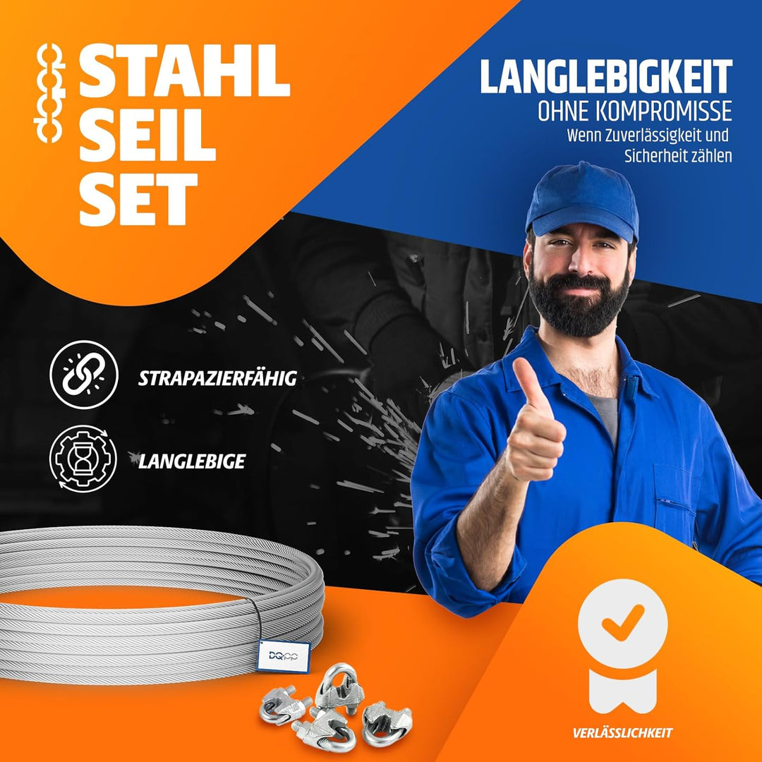 20m DRAHTSEIL SET 6mm 6x19+FC + 6 x SEILKLEMMEN 6mm DIN 741 + 2 x SPANNSCHLOSS M6 HAKEN - ÖSE verzin