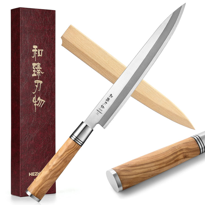 HEZHEN 240mm Sashimi Messer, Sushi Yanagiba Messer, Olivenholz Griff Messerkoffer aus Holz 240 Sashi