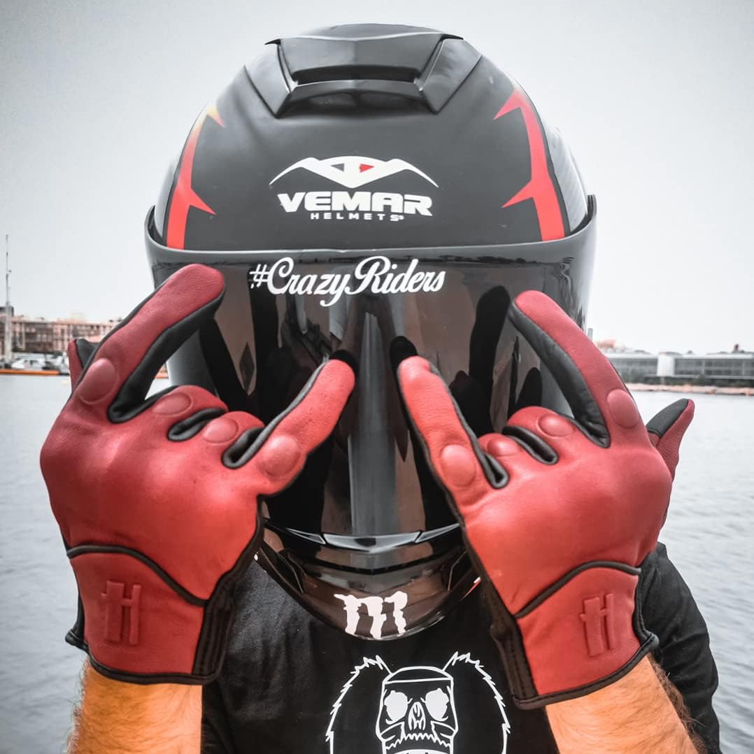 Harssidanzar Herren Vollfinger Ziegenleder Leder Touchscreen Motorradhandschuhe GM028E M Rot-Schwarz