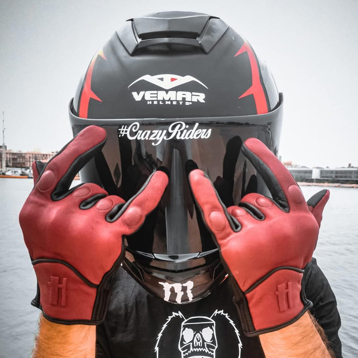 Harssidanzar Herren Vollfinger Ziegenleder Leder Touchscreen Motorradhandschuhe GM028E M Rot-Schwarz