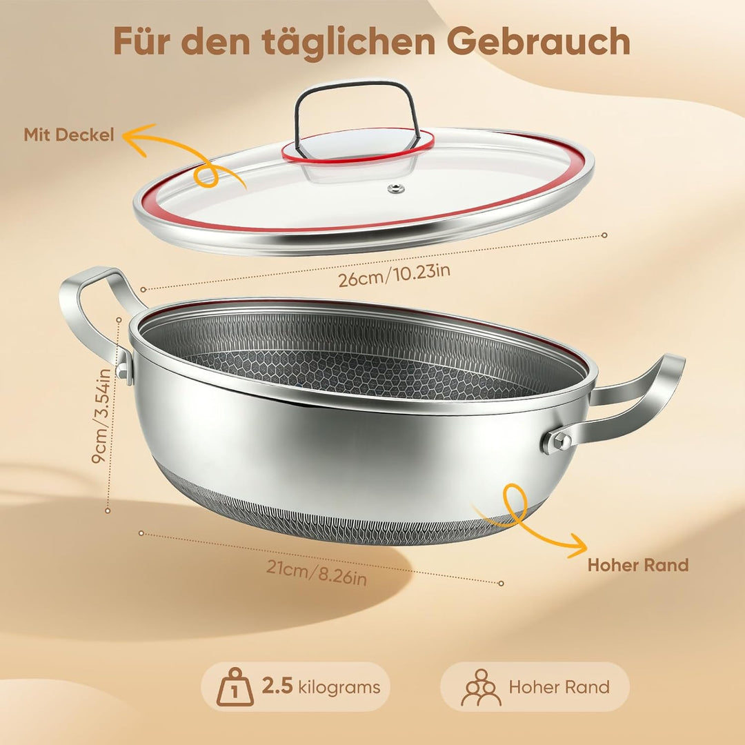 Schmorpfanne hoher Rand, Pfanne mit Deckel aus Glas,Wabenpfanne mit kratzfester Antihaftbeschichtung