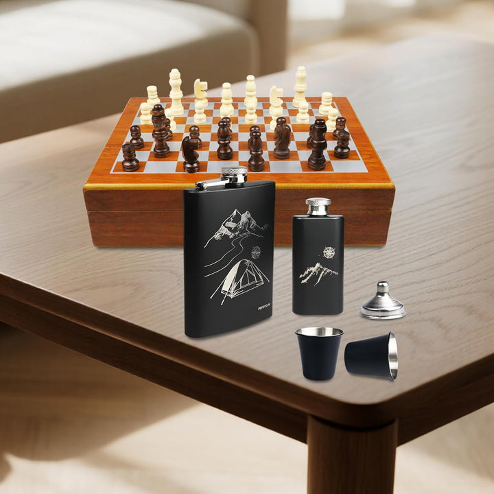 Flachmann Set 260ML mit Schachspiel, Edelstahl Whisky Topf Mini Schnapsflasche Upscale Tragbar Alkoh