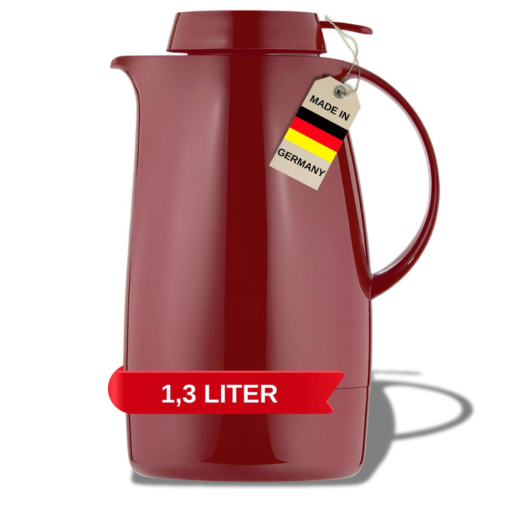 Helios Servitherm Thermoskanne Rot 1,3L – 6h Heiss - Hält Getränke heiss & kalt – Einhandbedienung -