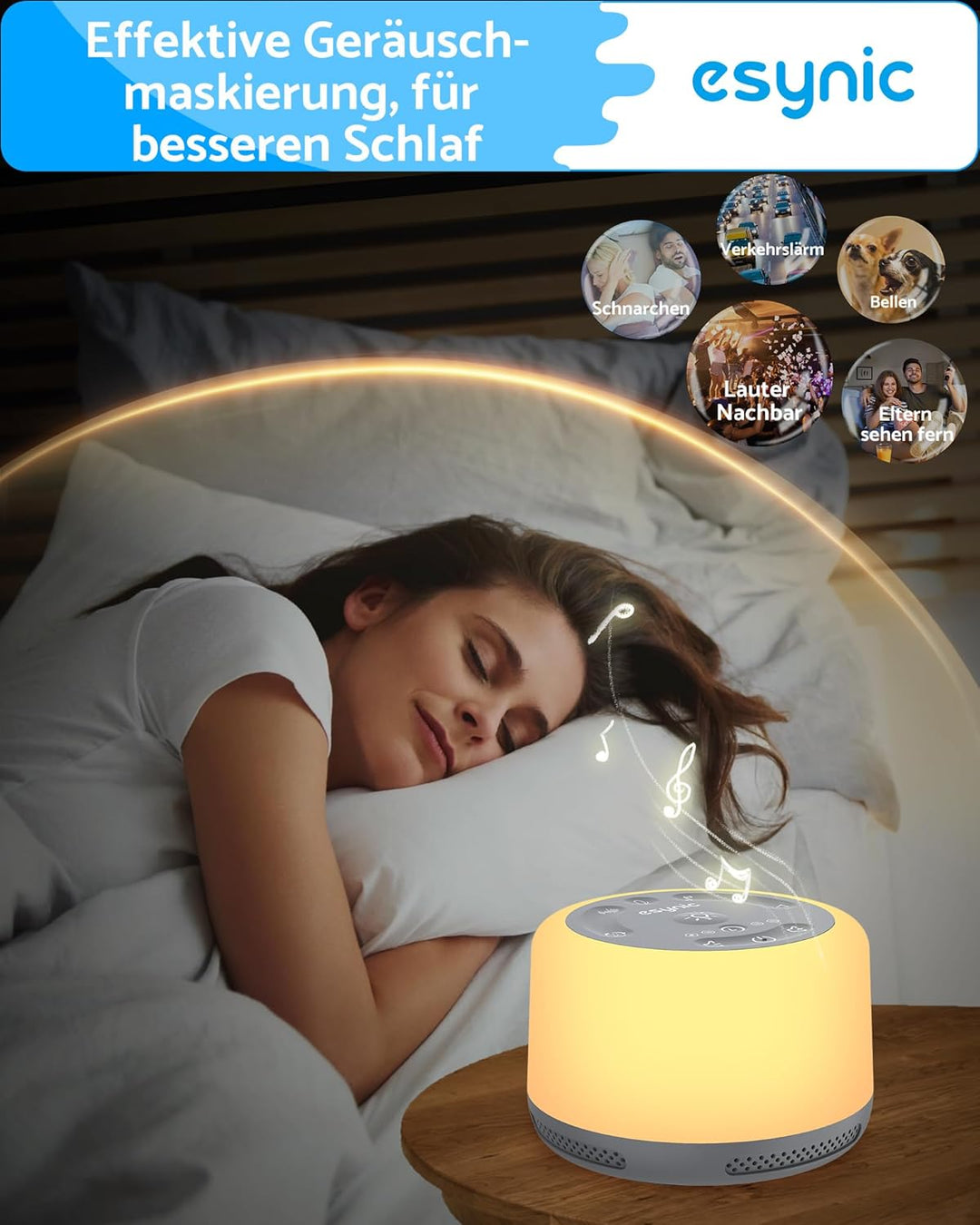 eSynic White Noise Machine Baby Weisses Rauschen Einschlafhilfe LED Nachtlicht Stilllicht mit 30 Klä