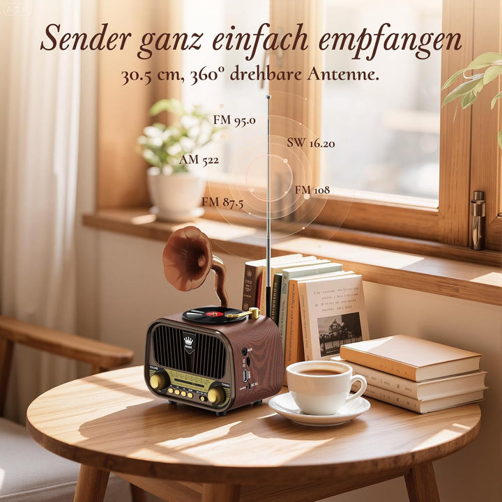 PRUNUS J-190 Retro Radio Klein AM/FM/SW, Nostalgie Radio mit Akku 1800mAh, Kofferradio mit Bluetooth