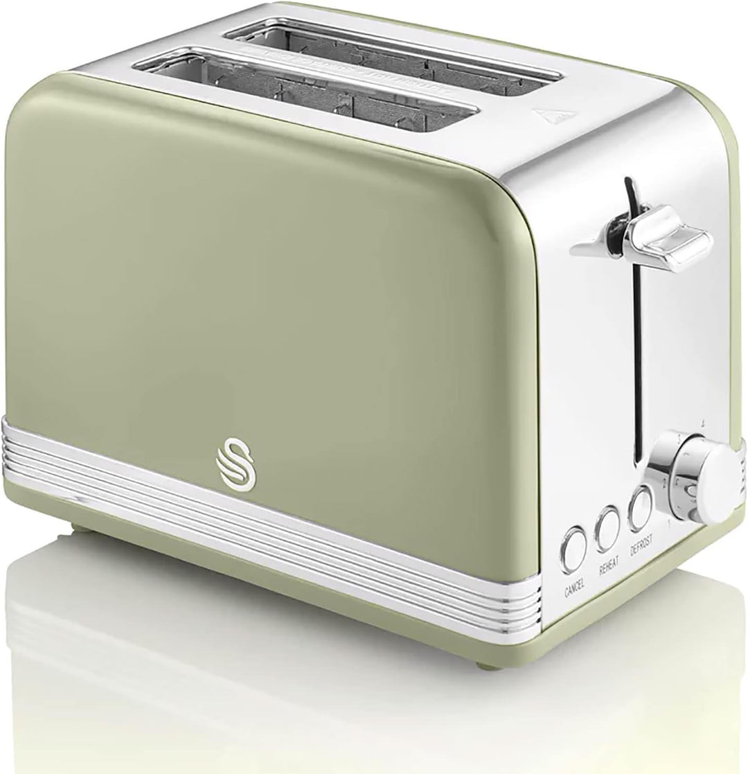 Swan Retro ST19010GNEU 2-Scheiben-Breitschlitz-Brottoaster, Vintage Design, 3 Funktionen: Auftauen/A