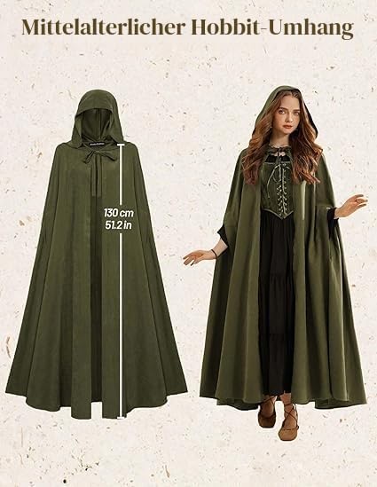 SCARLET DARKNESS Damen Mittelalter Umhang mit Kapuze Unisex Maxi Umhang Hexe Cosplay Cape Olivgrün,