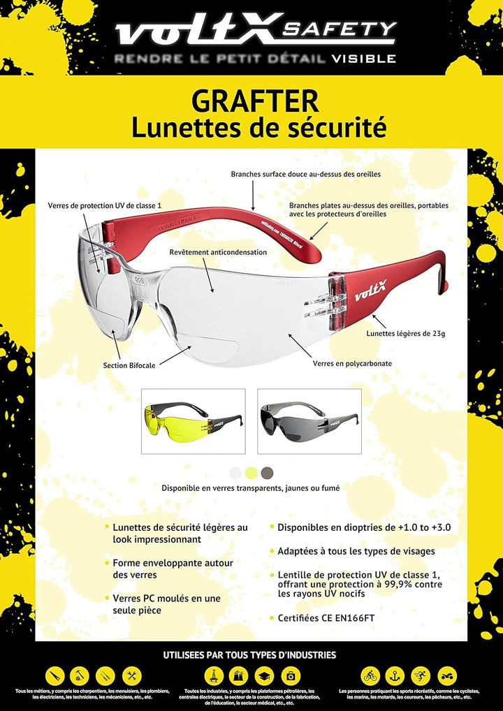 voltX 3 x GRAFTER’ BIFOKALE (KLAR +3.0 Dioptrie) Leichtgewichts Industrie Lesen Schutzbrille, EN166F