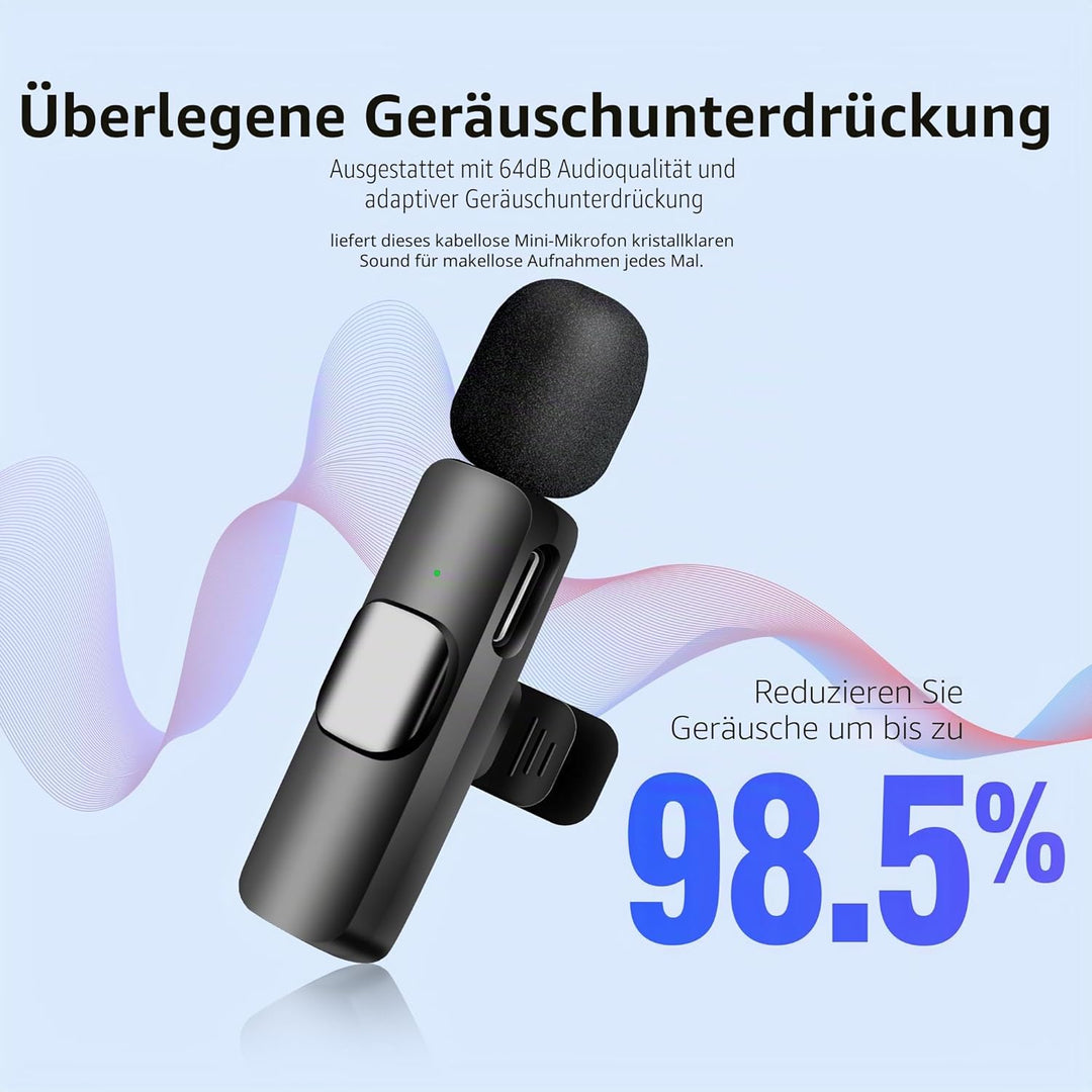 Kabelloses Lavalier-Mikrofon für iPhone iPad & Android - 2er-Pack Mini-Clip-On-Mikrofon mit Geräusch