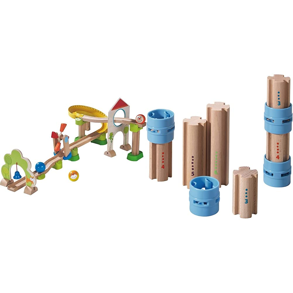 HABA 300438 - Kugelbahn Kullerbü - Windradbahn & 300850 Kullerbü Ergänzungsset Säulen Bundle mit Säu