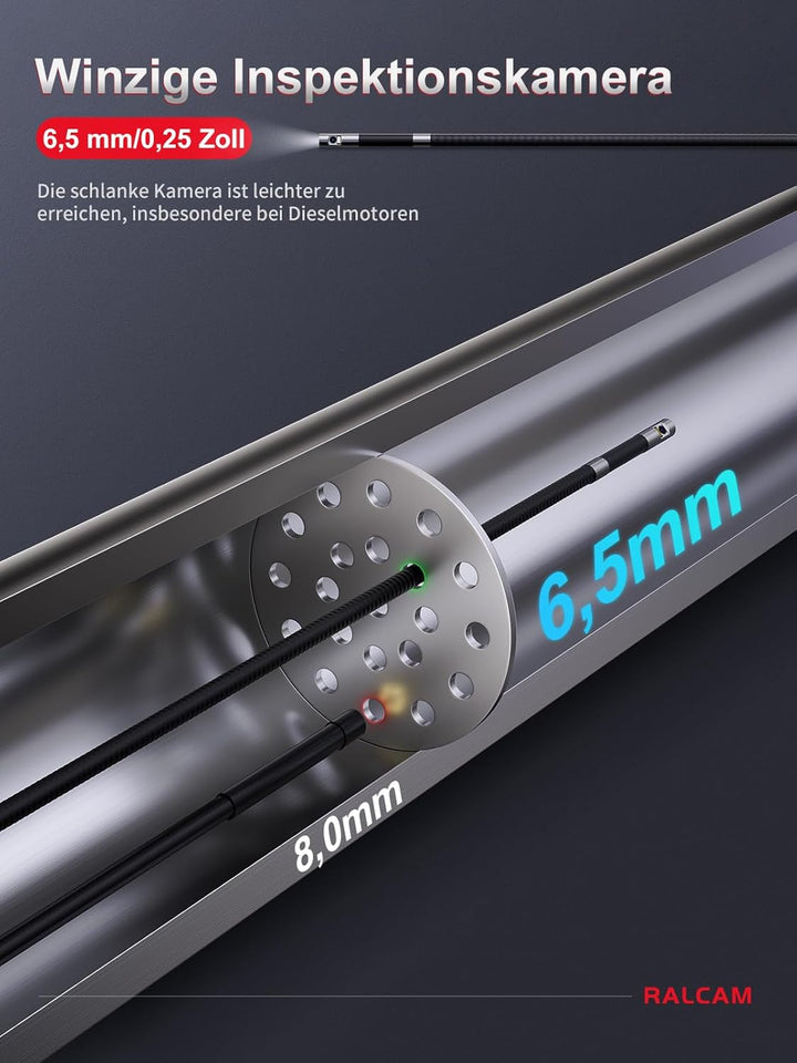 Ralcam Endoskopkamera mit Licht, Endoscope Camera mit 180° beweglichem Kopf, 6,5mm Dual-Sonde, 5" HD