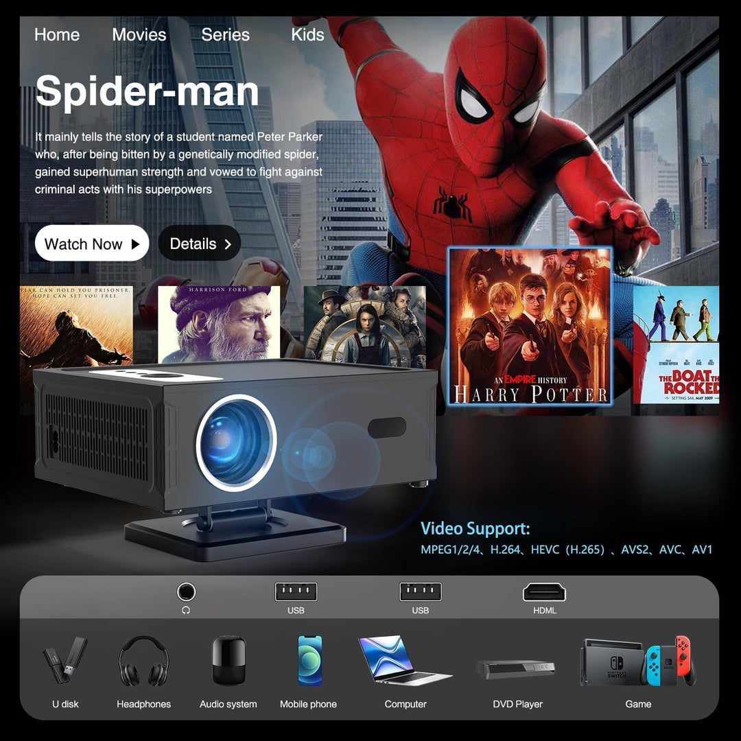 Smart Beamer Full HD 1080P Unterstützt 4K, Projektor 4K mit WiFi 6 BT 5.0 und 360° Abnehmbarer Ständ