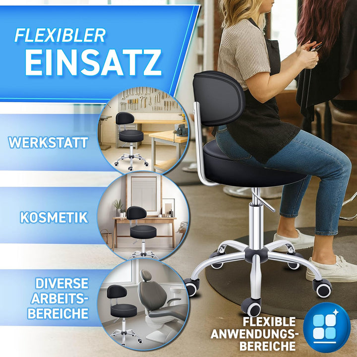TRESKO® Rollhocker mit Lehne Schwarz | Arbeitshocker höhenverstellbar 46-58 cm | Drehhocker mit Roll