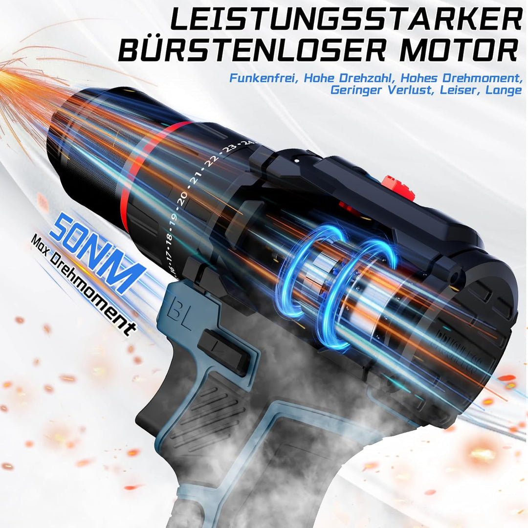 21V Akku Bohrschrauber, Bürstenlos Akkuschrauber mit 4,0Ah Akku 50Nm Drehmoment Max, 20+3 (2-Gang-Ge