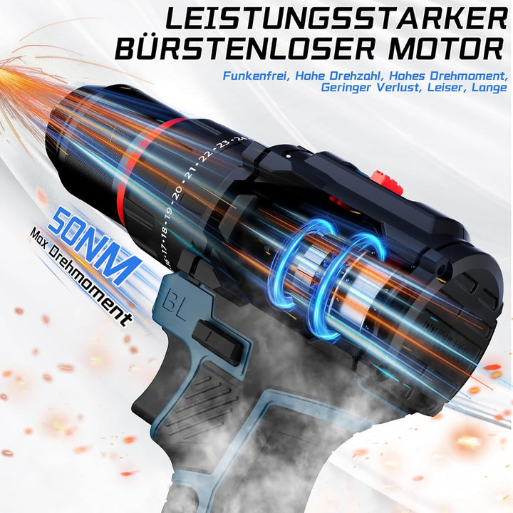 21V Akku Bohrschrauber, Bürstenlos Akkuschrauber mit 4,0Ah Akku 50Nm Drehmoment Max, 20+3 (2-Gang-Ge