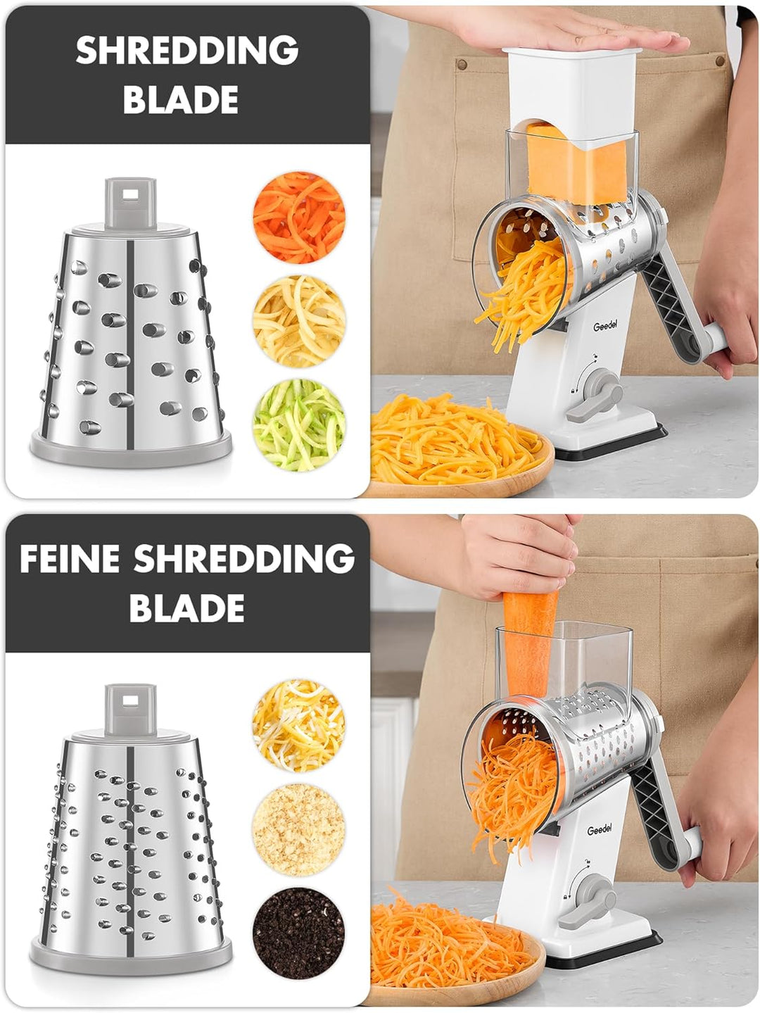 Geedel Käsereibe, Gemüseschneider mit 4 Austauschbare Klingen, Gemüsereibe mit Kurbel, Starkem Saugf