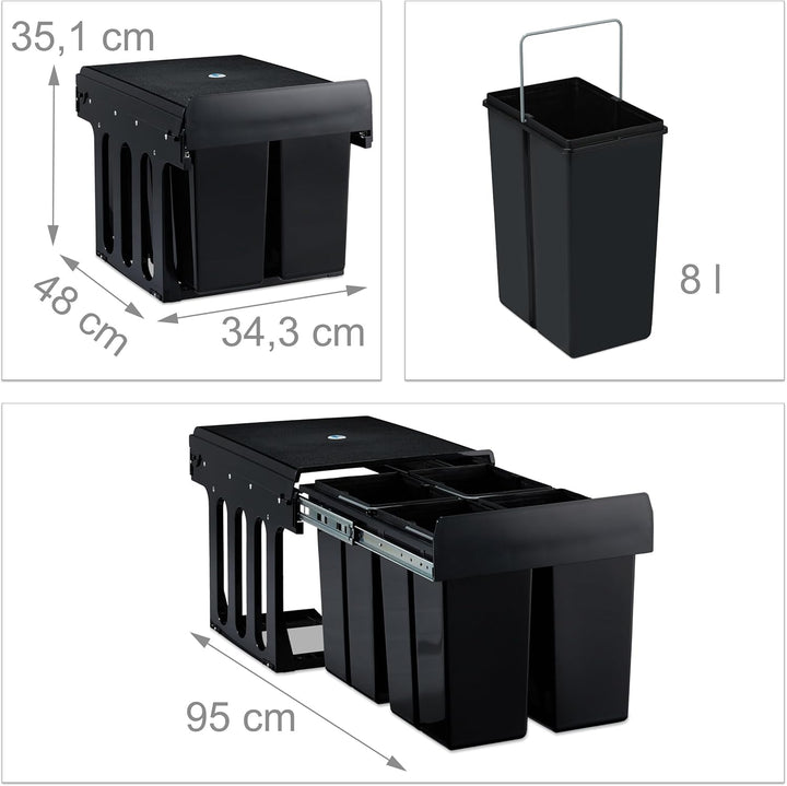 Relaxdays Einbaumülleimer 4-fach, auziehbarer Küchenmülleimer für Unterschrank, 4x 8 Liter, 35,1 x 3